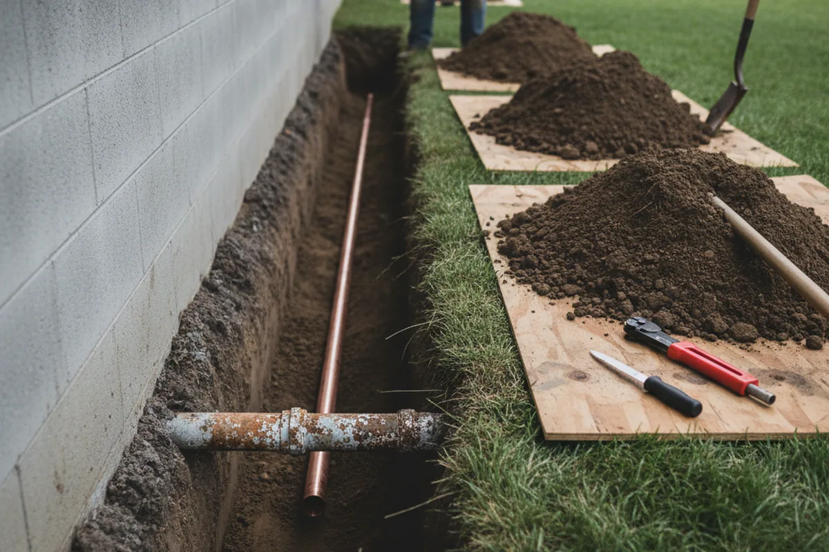Excavated water line trench during Sewer Line Repair in Conde